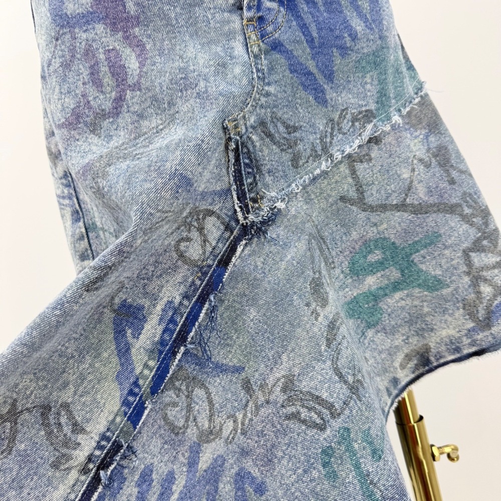 Upcycled Thrashed Denim Skirt Asymmetrical Raw Hem Patchwork Grunge Y2K 2 Punk - Picture 7 of 7